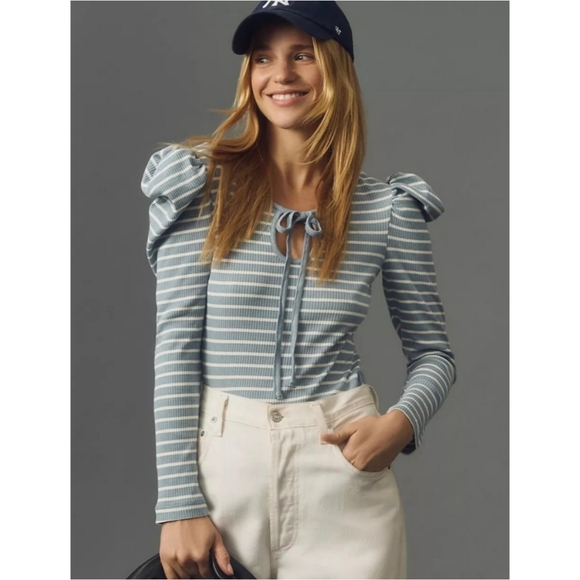 Anthro Porridge Puff Sleeve Striped Ribbed Blue White Top, L - Picture 11 of 11